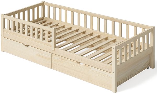 Bellabino 'Vils' Kinderbett 90x200 cm mit Gästebett 90x190 cm und 2 Matratzen, natur, Kiefer Massivholz, Montessori Bett mit Ausziehbett, mit abnehmbarem Rausfallschutz und Lattenrost Bild 2