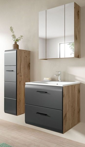 Badmöbel Set Cover in schwarz und Eiche 3-teilig 105 cm