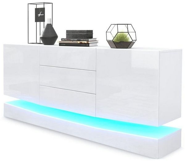 Vladon Sideboard City, Weiß matt/Weiß Hochglanz inkl. LED - Moderne Kommode für Ihr Wohnbereich (178 x 72 x 38 cm)