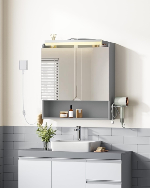 Spiegelschrank Bad mit Beleuchtung, Badezimmerschrank mit Spiegel, Wandschrank, Haartrockner-Halter und Haken, mit Stecker, Verstellbarer Etagen, Grau, 16,5 x 60 x 68,5 cm