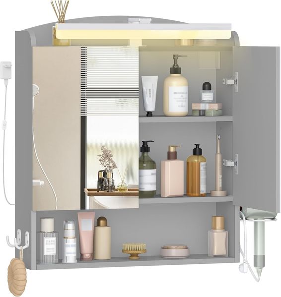 Hzuaneri Spiegelschrank mit Beleuchtung und Haartrockner-Halter, verstellbare Etagen, Holz grau, 16,5 x 60 x 68,5 cm Bild 2