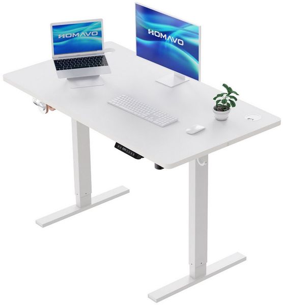 HOMAVO Schreibtisch Höhenverstellbarer schreibtisch mit Memory- und Rebound-Funktion (Sitz-Steh-Erinnerung), inkl. Kabelwanne & USB/Typ-C-Anschlüssen, Tischplatte 18 mm