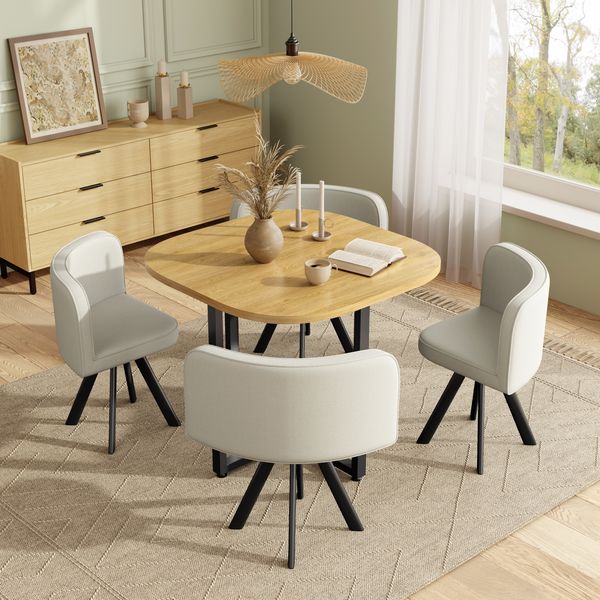 Merax Essgruppe, Esstisch und Stuhlset für 4 Personen,bestehend aus einem Esstisch (85 x 85 cm) und vier mit Leinen bezogenen Stühlen, geeignet für Küche und Esszimmer (Eichentischplatte + Beige Stühle)