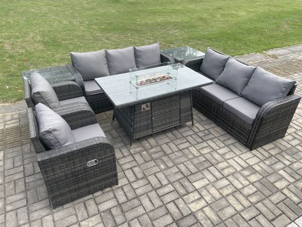 Fimous Patio Polyrattan Gartenmöbel Set mit Gasfeuerstelle Esstisch;Sessel und Beistelltisch 8-Sitzer