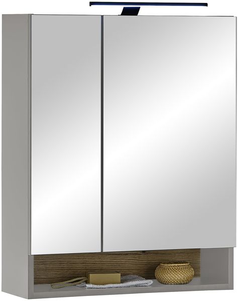 Badezimmerspiegelschrank >Denver< LED, Steckdose, grau matt / evoke eiche Dekor - 60x75x22 (BxHxT)