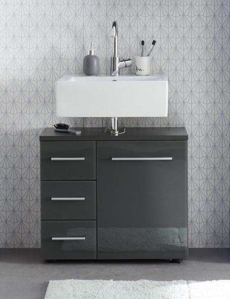 Stella Trading GREY Badezimmer Waschbeckenunterschrank in Grau mit Glasfront-Bad Unterschrank Badezimmerschrank mit 3 Schubladen, Glas, 69 x 60 x 32 cm