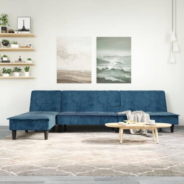 Schlafsofa in L-Form Blau 255 x 140 x 70 cm Samt (Farbe: Blau)