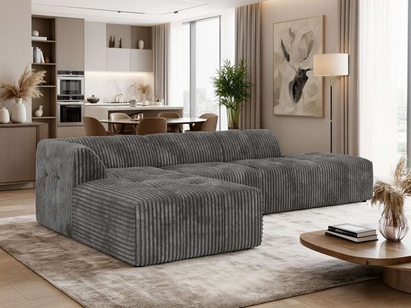 Modulares Ecksofa GRIDA 3M L Wohnlandschaft, Wellenfedern, gesteppte Sitzfläche, Wohnzimmer Sofa L-form - Grau Cord - Links