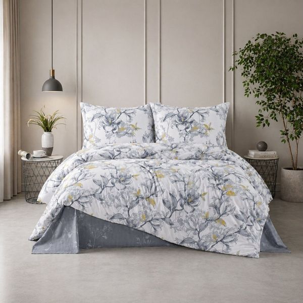 ZIRVEHOME Bettwäsche Baumwolle Bettbezug Blumen Design in Grau Weiß mit Gelben Akzenten, Renforce, 3 teilig, 200x220 Bettbezug Baumwolle Blumen Grau Weiß mit Gelben Akzenten