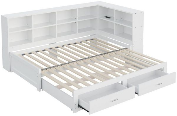 MODFU Schlafsofa mit Ausziehbett & USB-Steckdose, 90/180x190 cm, Massivholz-Kinderbett Funktionsbett, ohne Matratze