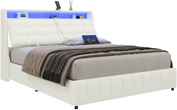 160 x 200 gepolstertes Plattformbett mit LED-Licht und USB, Stauraum darunter, verstellbaren Kopfteilkissen, weiß