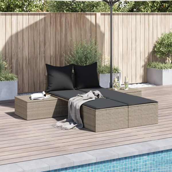 vidaXL Doppel-Sonnenliege mit Kissen Hellgrau Poly Rattan 368394