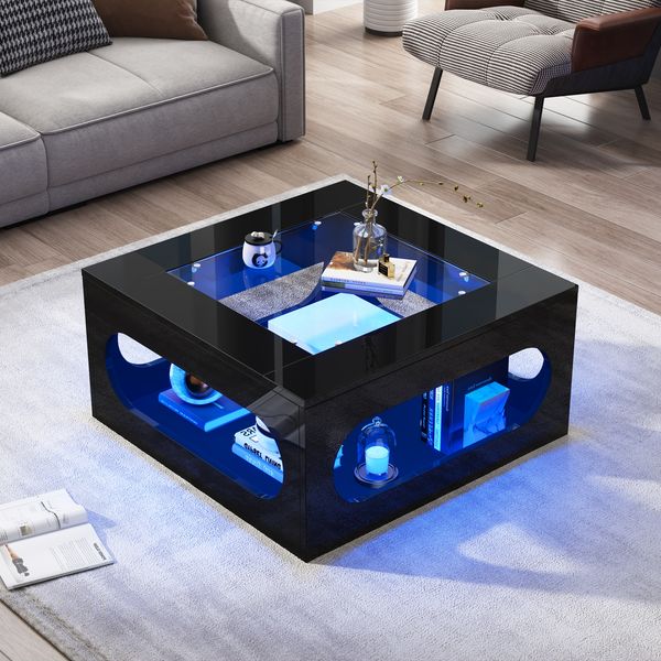 Couchtisch mit Glasplatte & LED, 70x70x35 cm, Schwarz, MDF mit offenem Stauraum