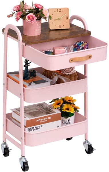DOEWORKS Rollwagen Metall Aufbewahrungswagen 3-Etagen mit Schublade, Rosa