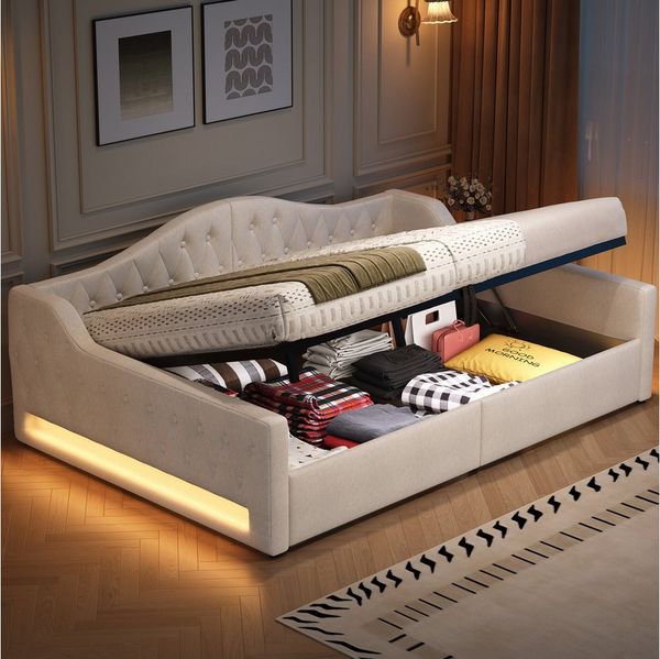 i@home Daybett 140x200 gepolstert mit LED & Stauraum, Beige/Grau, Polsterbett mit LED-Beleuchtung, Stauraum & stabilem Holzrahmen