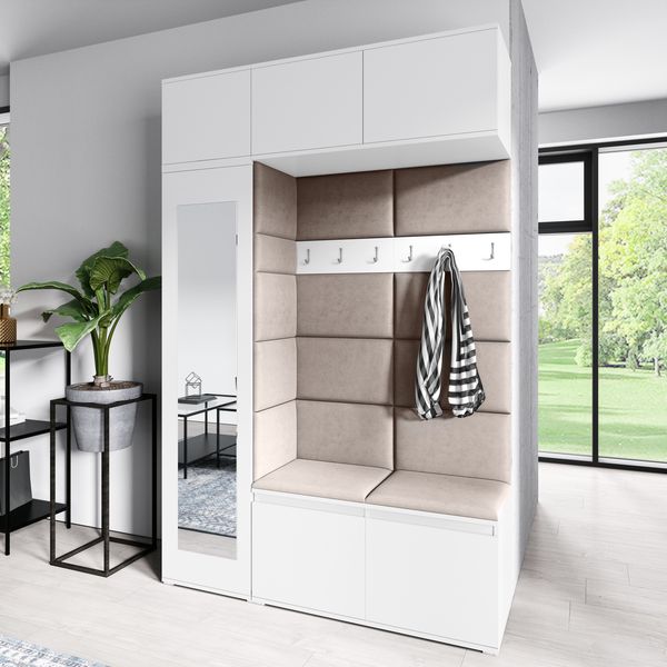 Garderoben-Set MIKA, Kleiderschrank mit Polsterplatten, Schuhschrank, Schrankaufsatz und Hängeschrank – Ideal für Eingangsbereich (Weiß, Trinity 05), 225 x 40 x 145 cm