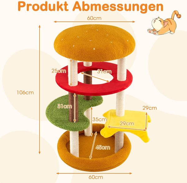 106 cm moderner Kratzbaum mehrstöckiger Kletterbaum mit gepolsterter Aussichtsplattform geräumigem Bett Orange Bild 2