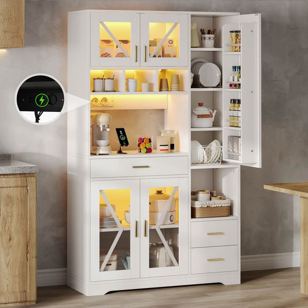 Küchenschrank im Scheunenstil, hoher Aufbewahrungs- und Vitrinenschrank mit verstellbaren Einlegeböden, Schublade, farbwechselnder LED-Beleuchtung und Steckdosen, 185 × 105 × 40 cm.