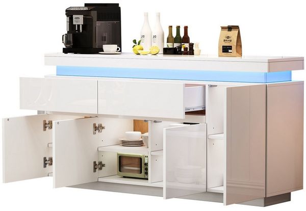 Yorbay Sideboard Weiß 140 cm,Kommode mit 4 Türen, 2 Schubladen & LED-Beleuchtung