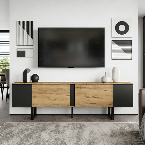 TV-Schrank 180 x 40 x 55 cm, TV-Lowboard aus Spanplatte in Holzoptik mit Schwarz, 2 Türen und offenen Fächern
