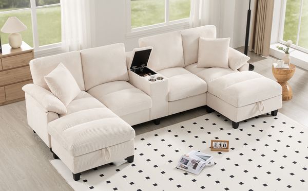 Sofa aus Cord 293x142x93 cm mit Stauraum & USB-Anschlüssen, beige
