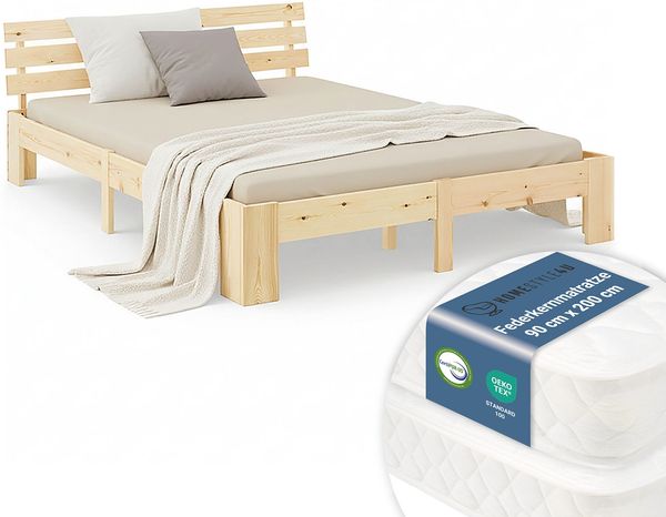 Holzbett mit 2 Federkernmatratzen 180x200 Jugendbett Doppelbett Bett Holzbettrahmen Natur Massiv Holz Lattenrost