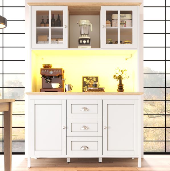 Seitenschrank mit LED-Beleuchtung & 4 Türen, 3 Schubladen, 120 x 40 x 179 cm, Weiß