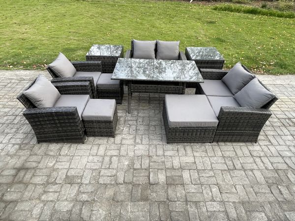 Fimous Polyrattan Gartenlounge Set 10 Stücke Outdoor Gartenmöbel-Set Set mit 3 Fußhockern 2 Beistelltischen Dunkelgrau gemischt