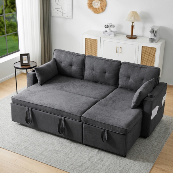 Merax Schlafsofa mit Schlaffunktion, L-förmiges Sofa, modernes Design, Polstermöbel, Sofa, Loungesessel mit Stauraum, mit Getränkehalter, Wohnzimmer-Schlafsofa, links und rechts austauschbar, Grau