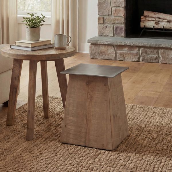 Hocker HWC-L76, Sitzhocker Holzhocker, Industrial Massiv-Holz MVG-zertifiziert, natur mit Metall-Optik