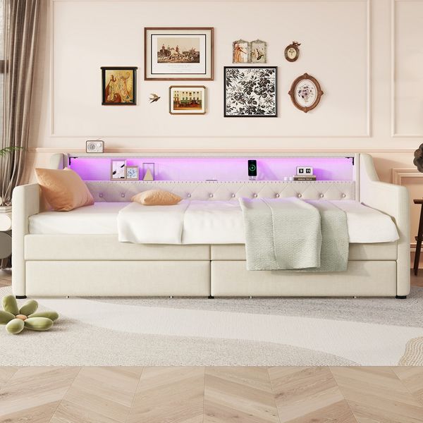 Bett 90x200 cm, Daybett aus Leinen & MDF mit LED-Ambiente, 2 Schubladen und USB-Anschluss,Beige