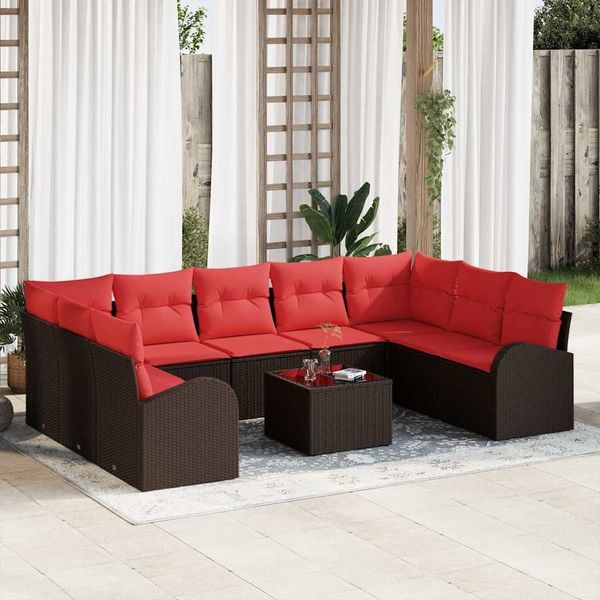 vidaXL Gartensofa-set mit Kissen 10 pcs Braun und Rot Poly-Rattan 3354883