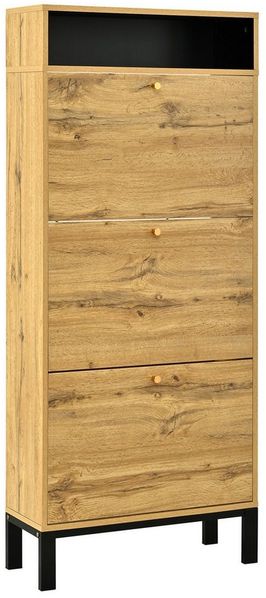 BlingBin Schuhschrank Schuhregal Schuhkipper Schuhkommode (Er bietet Platz für 12 bis 18 Paar Schuhe, 1-St, mit 3 Klapptüren und Offener Stauraum) 63 L x 24 B x 147 H cm, Natur, für kleine Wohnungseingangsbereiche