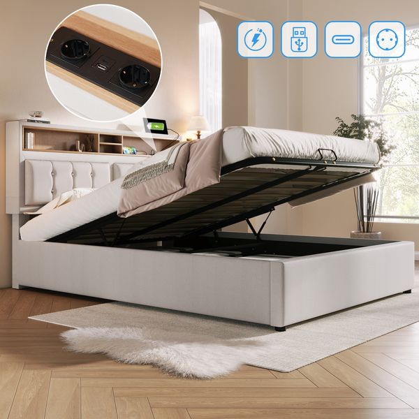 Polsterbett 140x200 cm mit verstellbarem Kopfteil, Steckdosen & USB/Type-C,Stauraum,Leinenstoff beige