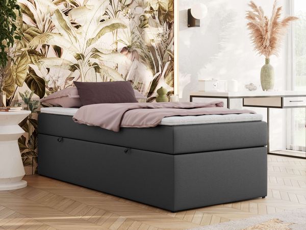 Boxspringbett 90x200 Polsterbett ZERO 90 Einzelbett ohne Kopfteil, inkl. Stauraum & Multipocket-Matratze, Hotelbett - Dunkelgrau Kunstleder - H3 - Topper Visco