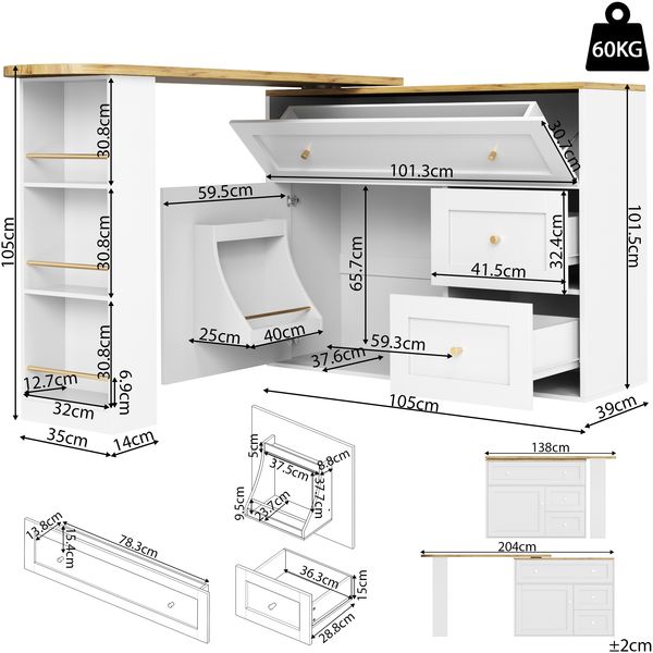 Bartisch B 138-204 x T 39 x H 105 cm, MDF/Metall, klappbar mit 360°-Drehscheibe, weiß Bild 4