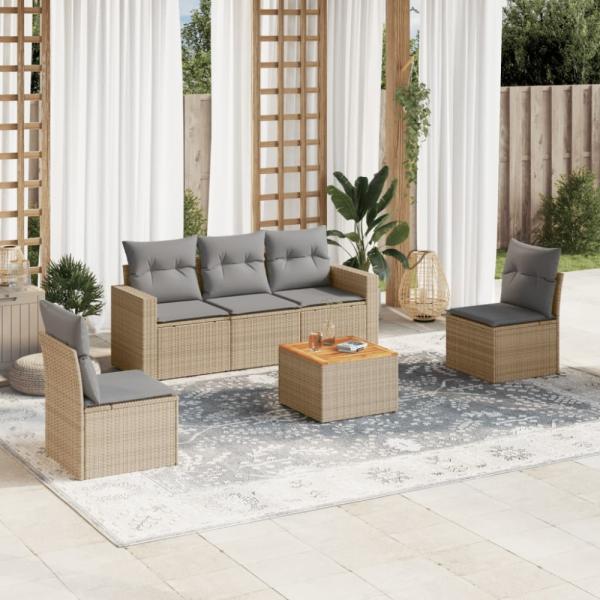 vidaXL 6-tlg. Garten-Sofagarnitur mit Kissen Beige Poly Rattan 3256395