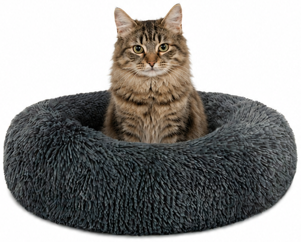 lionto Donut Katzenkissen, rundes Bett mit Plüschbezug & Anti-Rutsch-Boden, erhöhter Rand für Geborgenheit, 40 cm Durchmesser, dunkelgrau