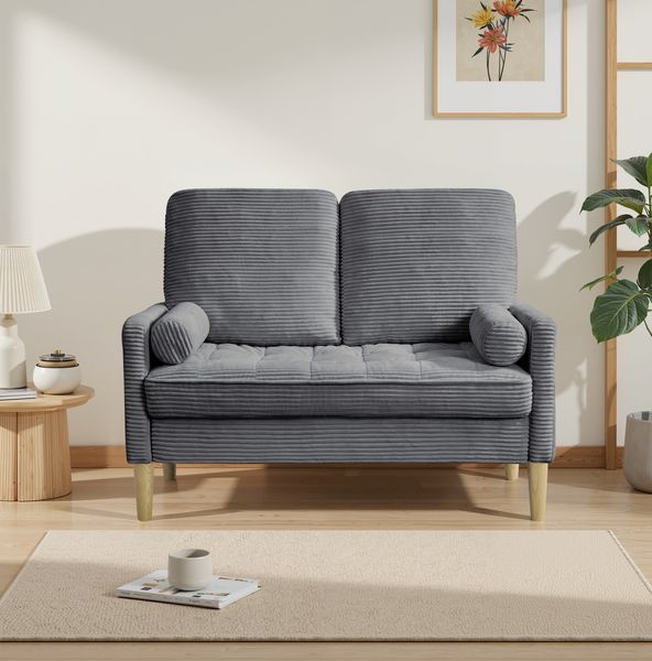 2-Sitzer-Sofa 87cm×121cm×76cm aus Cord – Skandi-Design in Grau mit Holzgestell
