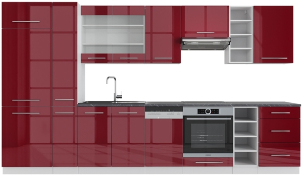 Küchenzeile Fame-Line Bordeaux Hochglanz/Weiß 355 cm ohne Arbeitsplatte Vicco
