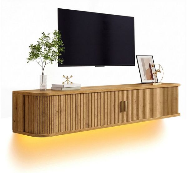 Merax Lowboard mit LED-Beleuchtung, Wandhängendes TV-Board mit vertikaler Rillenfront (1 St), Schwebender TV-Schrank mit 2 Schiebetüren & Stauraum, 175 x 30 x 30 cm