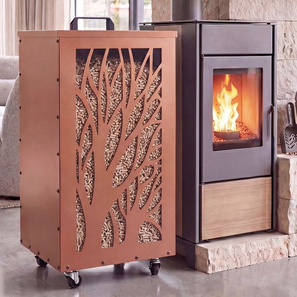 Pelletbehälter HWC-Q30 Bäume, Pelletbox Aufbewahrungsbox für z.B. Tierfutter, Rollen Füße 86 x 36 x 36 cm ~ kupferfarben