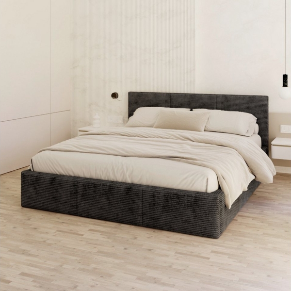 FDM Polsterbett AMBER modern mit Bettkasten MADE IN EU - mit Cord Bezug (verfügbar 90x200 120x200 140x200 160x200 180x200cm, Bettrahmen, Bett, mit großen gepolsterten Kopfteil, mit Bettkasten zum aufklappen), Hebbarer Metallrahmen, Bettkasten, mit/ohne...