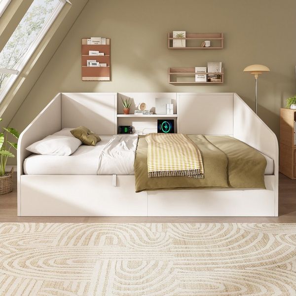 OKWISH Stauraumbett Bett 90x200 cm mit Stauraum & Ladestation – weißes Tagesbett. (Funktionsbett, 1-tlg, Hydraulisches Tagesbett Mit USB/Type-C-Ladestation), platzsparendes Einzelbett (ohne Matratze)