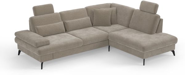 Cavadore Eckcouch Moritz / Ecksofa im trendigen Design mit Bett, Bettkasten, Sitztiefenverstellung, Kopfstützen und mattschwarzen Metallfüßen / 262x82-107x212 / Mikrofaser, Perlbeige