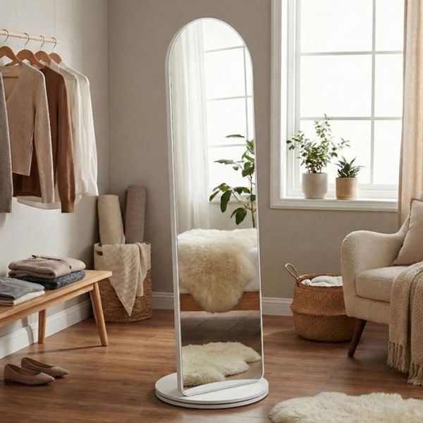 SONGMICS Spiegel 360° drehbar, mit Haken und Ablagen, Standspiegel für Wohnzimmer und Schlafzimmer, Hartglas, gewölbt, weiß