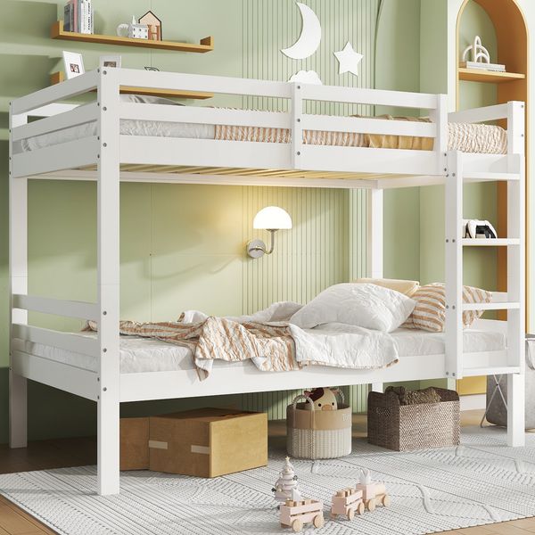 Etagenbett 90×200 cm, teilbar in 2 Einzelbetten, mit Rausfallschutz und Winkelleiter, Weiß, ohne Matratze