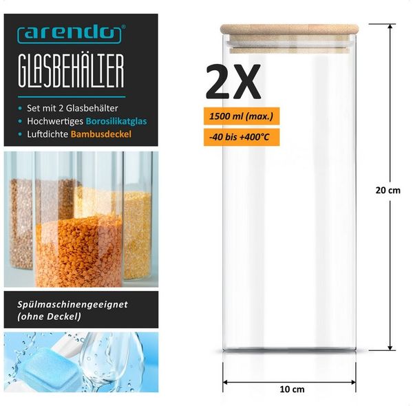 Arendo Aufbewahrungsbecher Glasbehälter 2x 0,78L & 2x 1,57L Borosilikat, Bambusdeckel, luftdicht, Borosilikatglas, Bambus, Silikon, (Vorratsbehälter-Set, 4-tlg, 4er Set), Hitzebeständig, umweltfreundlich, langlebig, mikrowellengeeignet