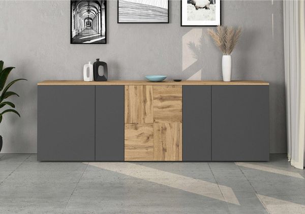 OTTO home Sideboard ISEO, Kommode, Schrank, Sideboard, Lowboard, 6 Fächer, Breite 200 cm (1 St), stehend/hängend, 5 Türen, 6 Fächer, Breite 200 cm