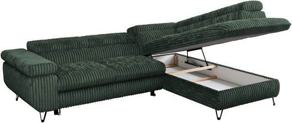 Mks Möbel 'Peter L-form' Ecksofa mit Bettfunktion, Bettkasten & einstellbaren Kopfstützen, Grün, Cord, mit Topper, rechts Bild 5